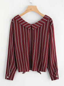 Vertical Striped Knotted Hem Shirt
