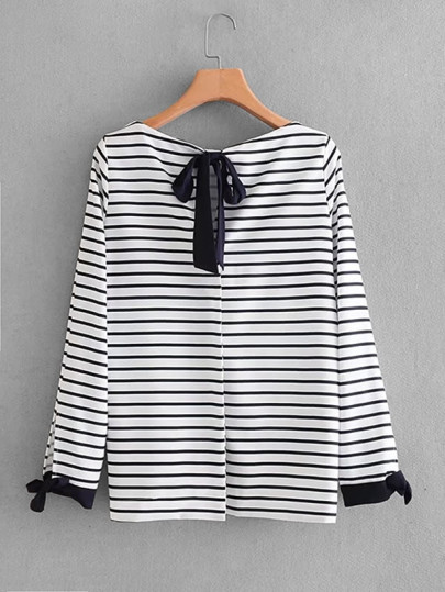 Bow Tie Detail Striped Blouse